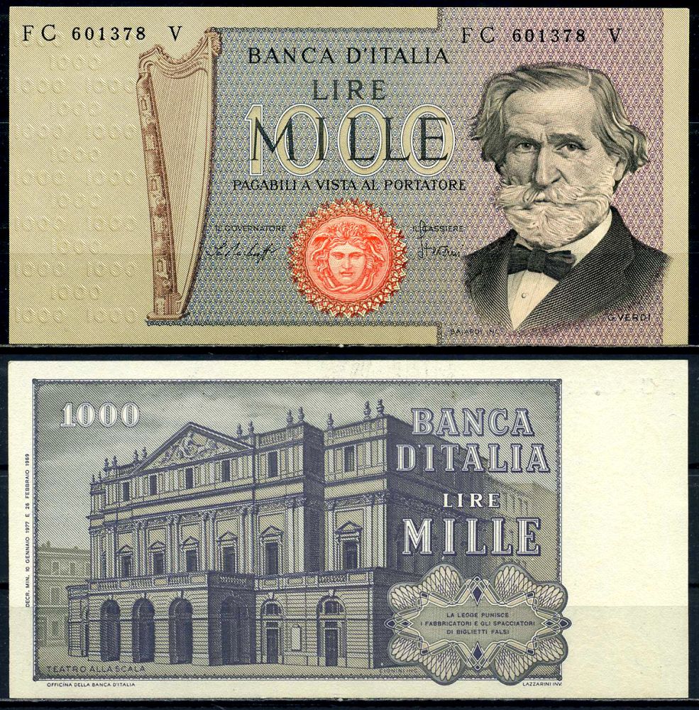 Италия 1000 лир 1977 Джузеппе Верди, Милин Ла Скала Pick 101e бумага UNC (пресс) 3295-75-2-2
