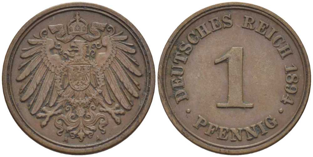 ГЕРМАНИЯ 1 ПФЕННИГ 1894 A KM 10, J. 10, Weege 2 медь 211-159