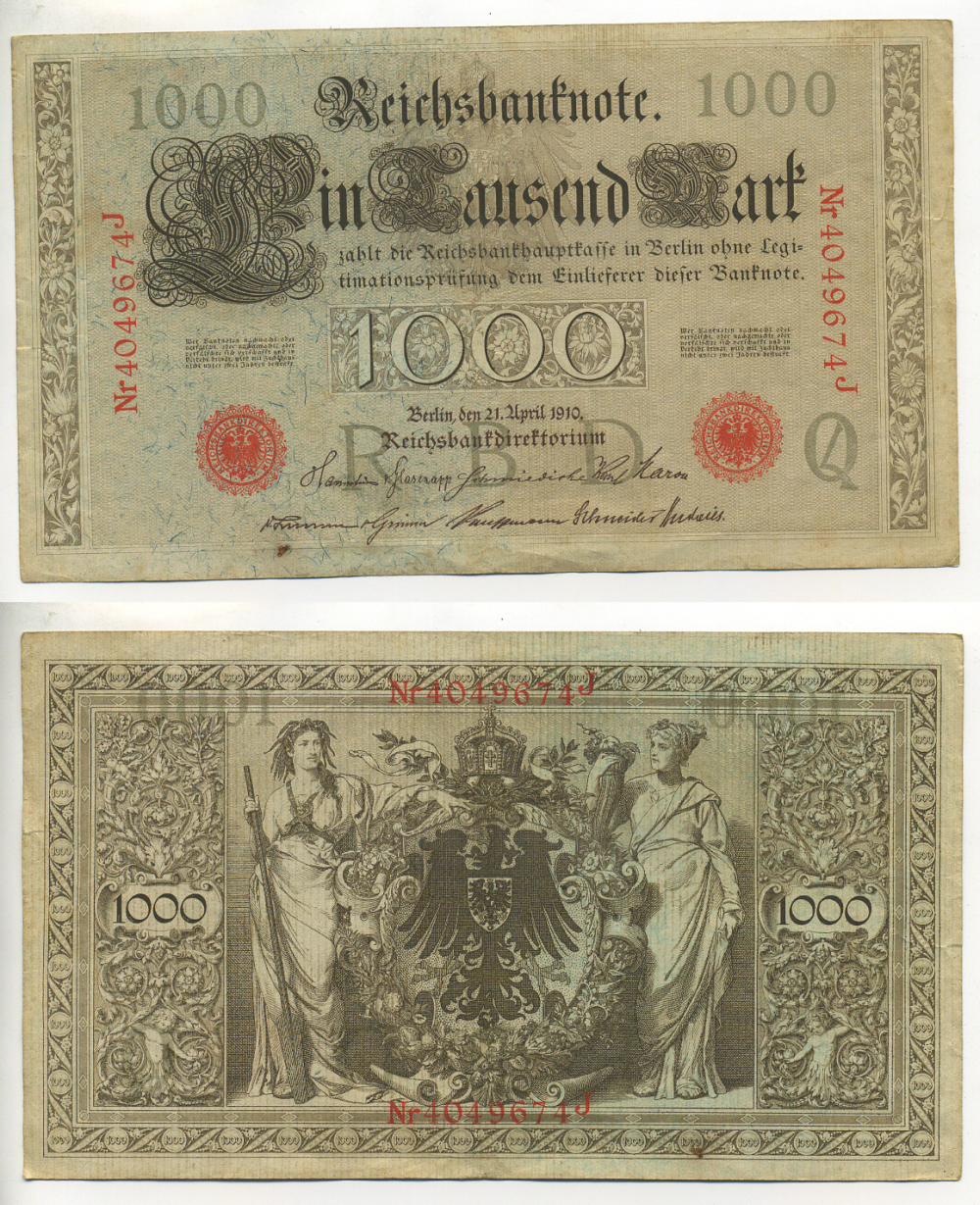 Германия 1000 марок 1910 красная печать, 7 цифр в номере Pick 44 b  бумага   7217-51-2-2