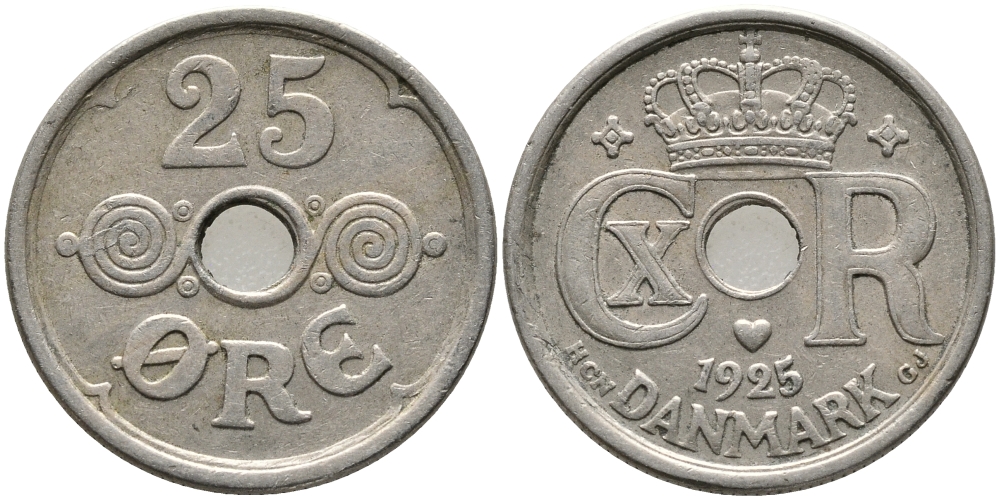 Дания 25 эре 1925 HCN; GJ, Кристиан X (1912-1947) KM 823.1 медно-никель 28-1112