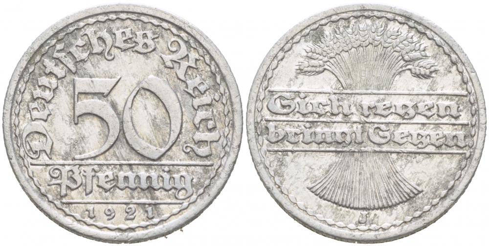 ГЕРМАНИЯ 50 ПФЕННИГОВ 1921 J KM 27, J. 301 алюминий 77-555