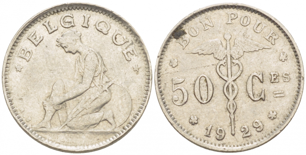БЕЛЬГИЯ 50 САНТИМОВ 1929 BELGIQUE KM 87 никель 261-1631