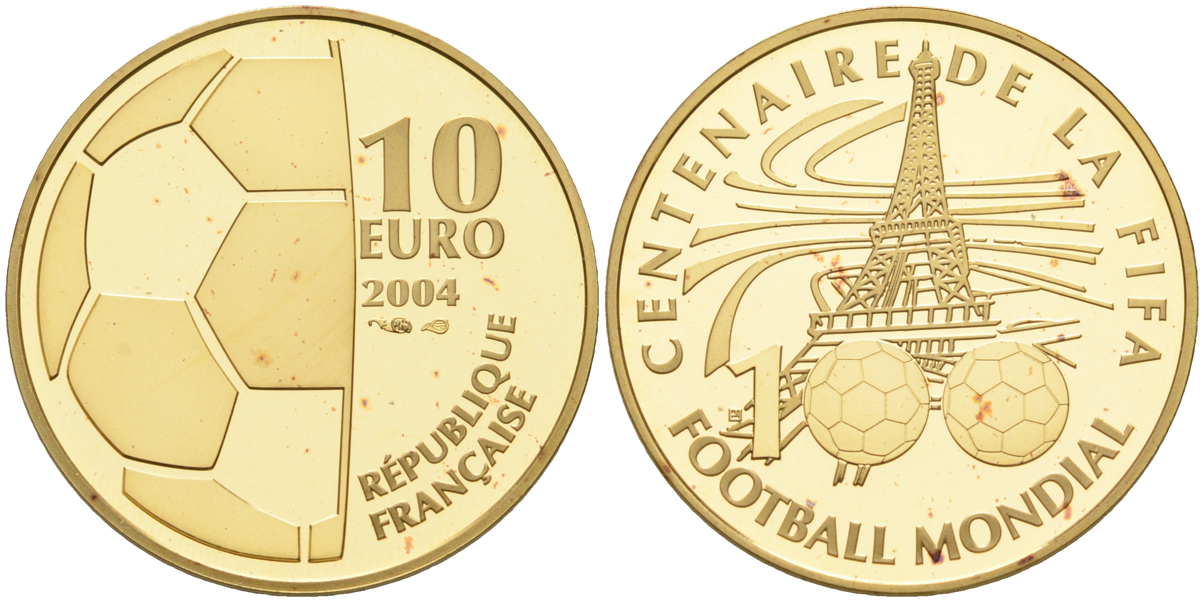 Франция 10 евро 2004 100 лет FIFA, Чемпионат мира по футболу, Эйфелева башня KM 1375 золото PROOF 00-000-00
