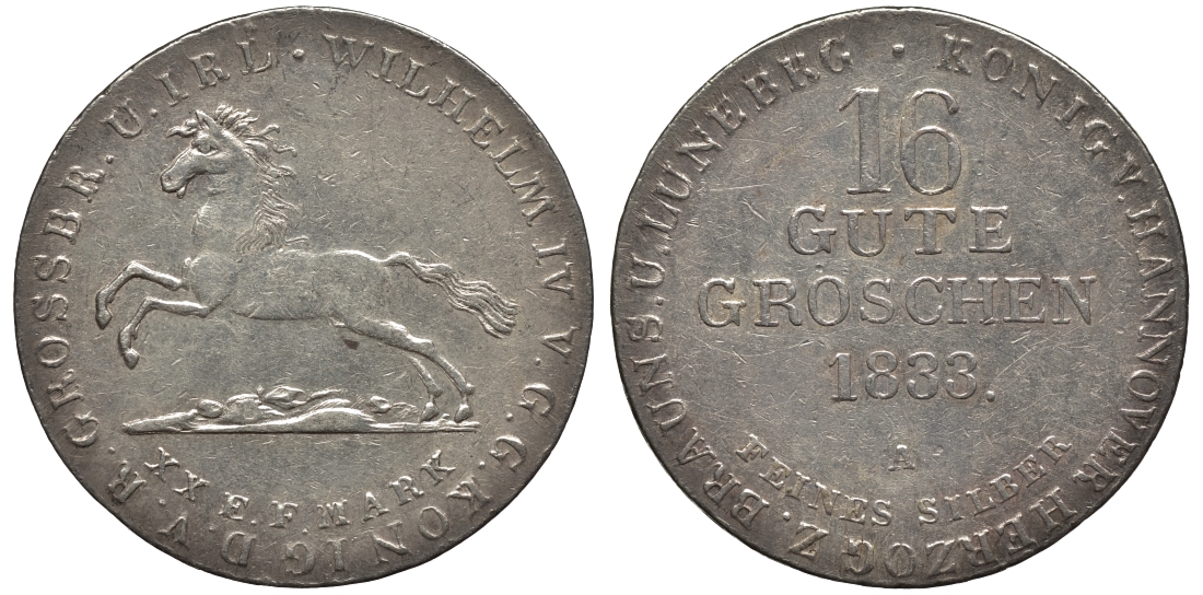 Брауншвейг-Каленберг-Ганновер 16 гутергрошенов 1833 A, Вильгельм IV (1830-1837) J. 33, AKS 66, Kahnt 212 серебро  aUNC  11-119-54