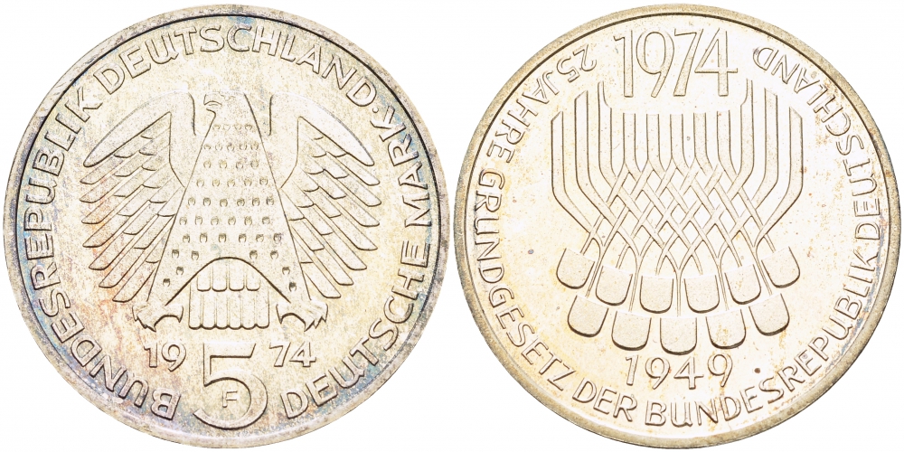ФРГ 5 марок 1974 F, 25 лет со дня принятия конституции ФРГ KM 138, J.413 серебро PROOF 1087-3-12