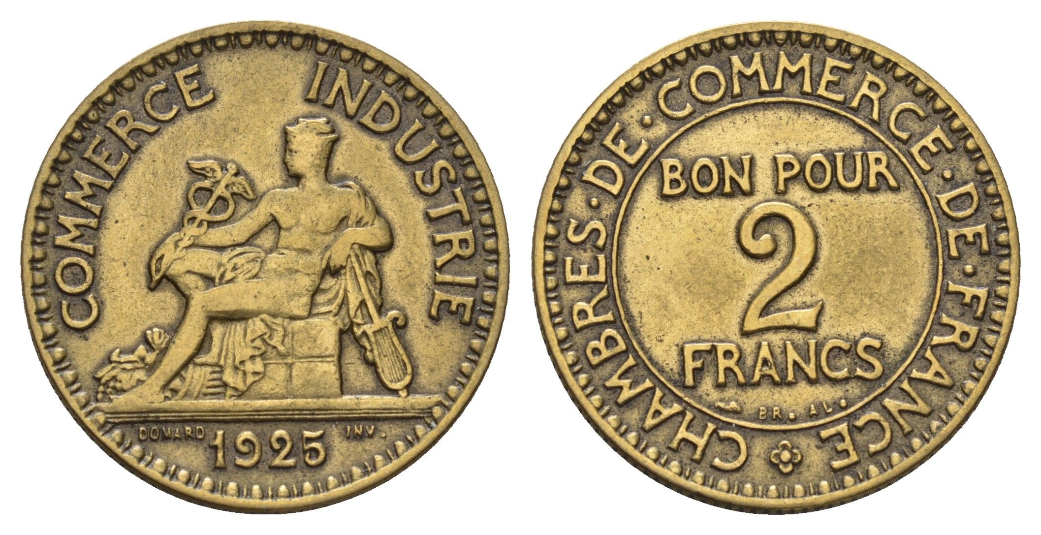 Франция 2 франка 1925 KM 877, Le Franc 267.7 алюминиевая бронза 3856-353