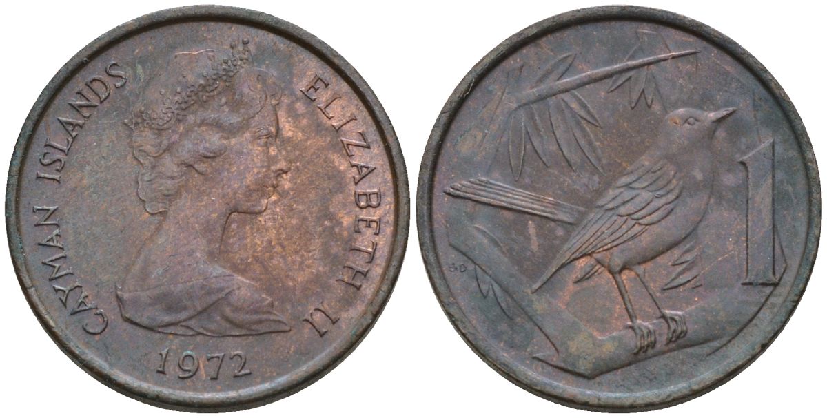 Каймановы острова 1 цент 1972 Елизавета II (1952-2022), кайманов дрозд КМ 1 бронза 4154-166