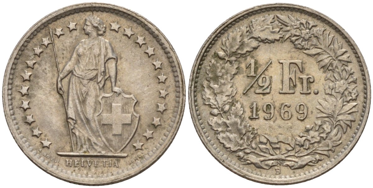 Швейцария 1/2 франка 1969 B KM 23a медно-никель 4189-438