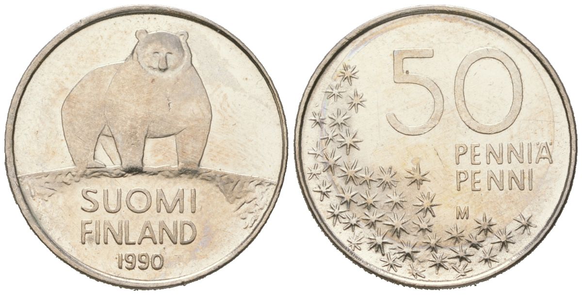 Финляндия 50 пенни 1990 M, полярный медведь KM 66 медно-никель UNC 96-658