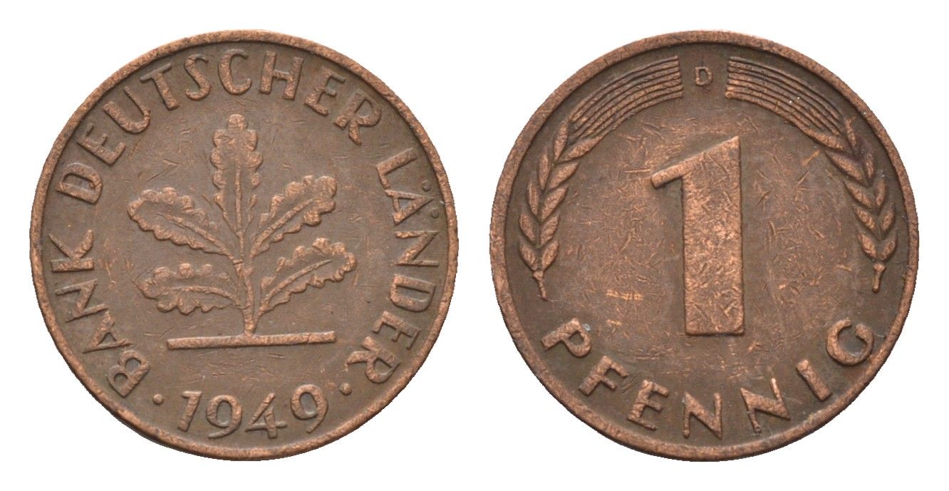 ФРГ 1 пфенниг 1949 D KM A101, J. 376 сталь плакированная медью 4685-341