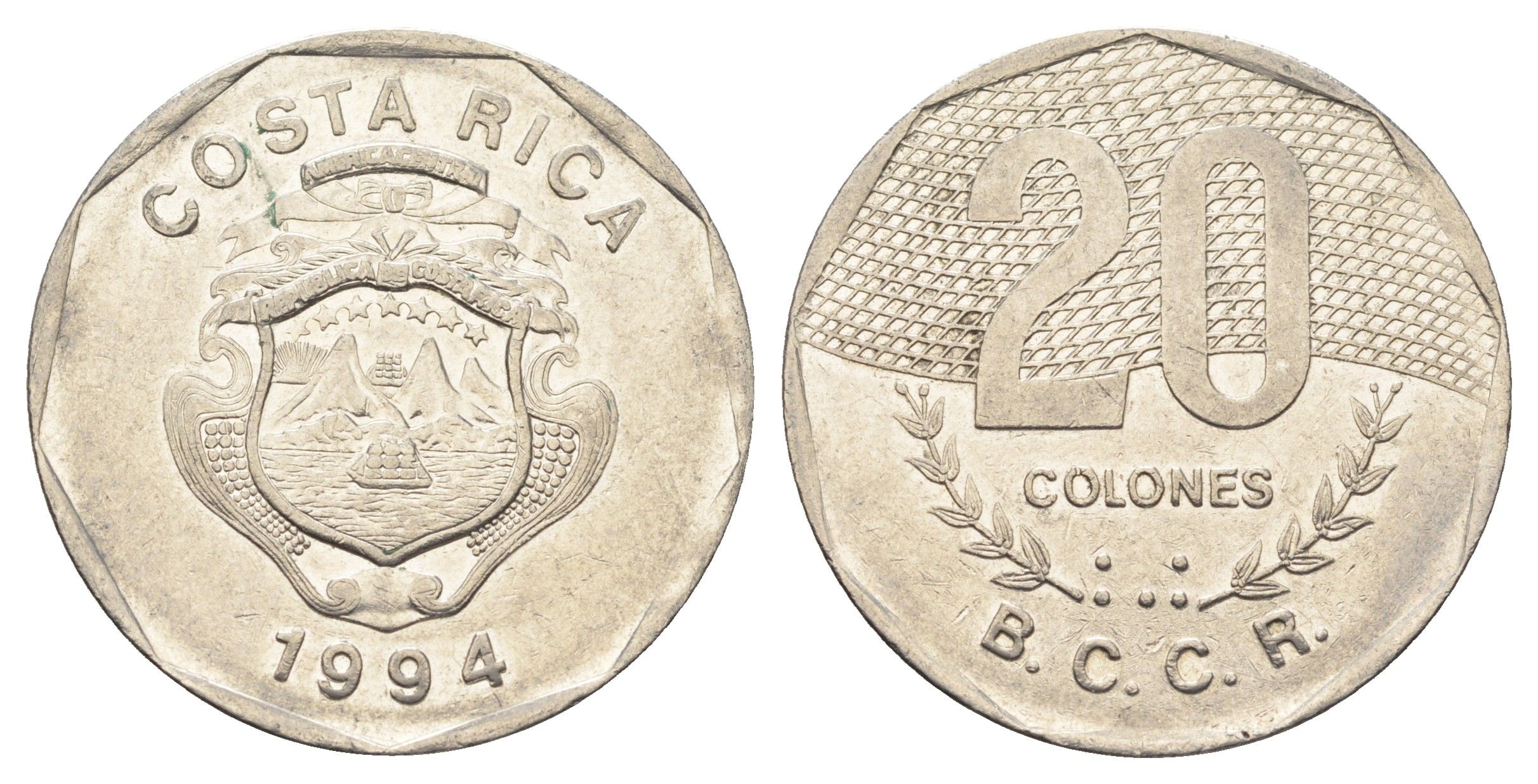 Коста-Рика 20 колонов 1994 год-тип KM 216.3 нержавеющая сталь 4661-1133