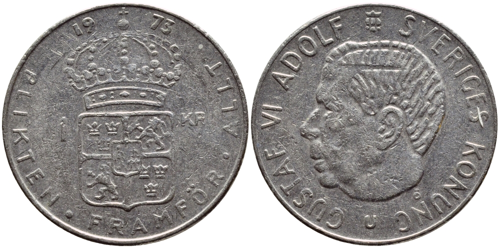 Швеция 1 крона 1973 Густав VI Адольф (1950-1973) KM 826а медь плакированная медно-никелем 4395-633