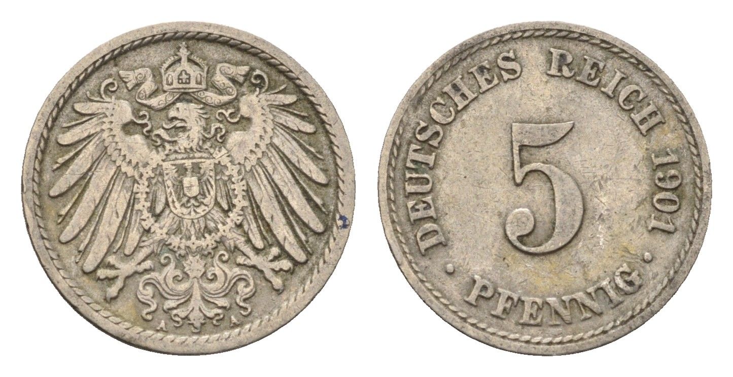 Германия 5 пфеннигов 1901 A KM 11, J. 12 медно-никель 4696-623