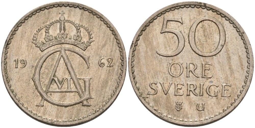 Швеция 50 эре 1962 U, Густав VI Адольф (1950-1973) KM 837 медно-никель 4364-4512