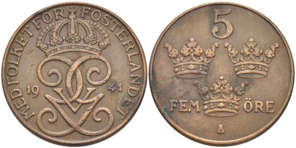 Швеция 5 эре 1941 Густав V (1907-1950) KM 779.2 бронза 115-911