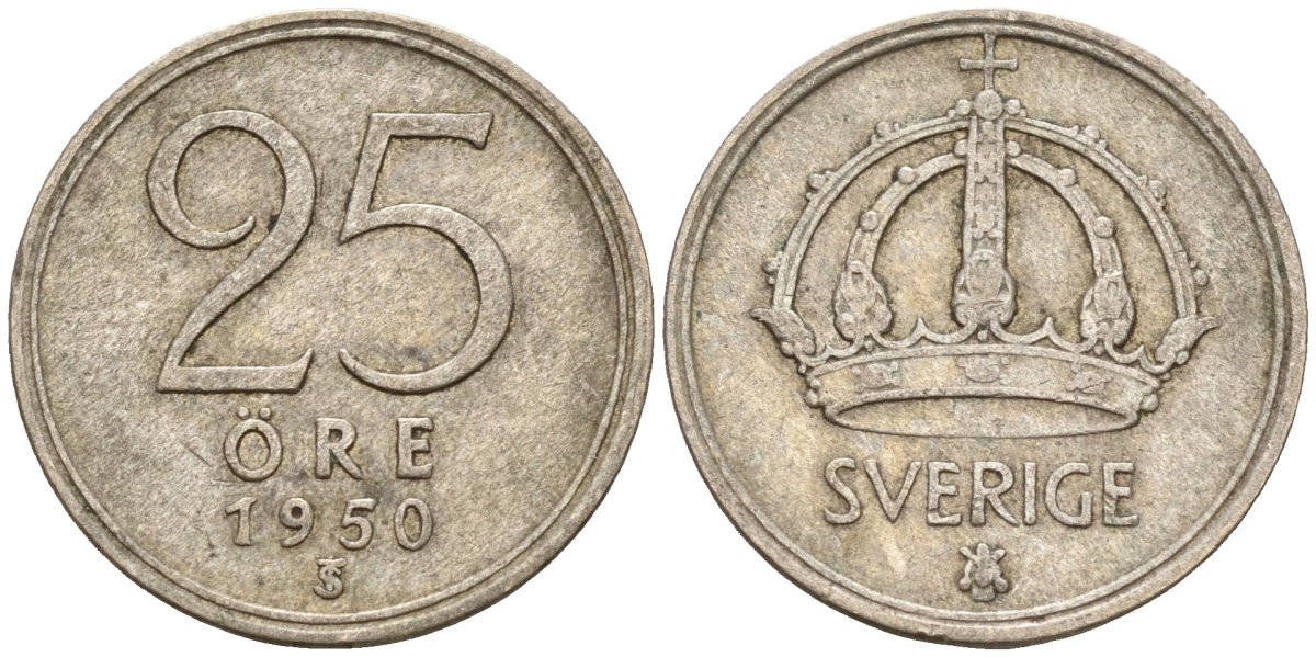 Швеция 25 эре 1950 TS, Густав V (1907-1950) KM 816 серебро 4147-1019