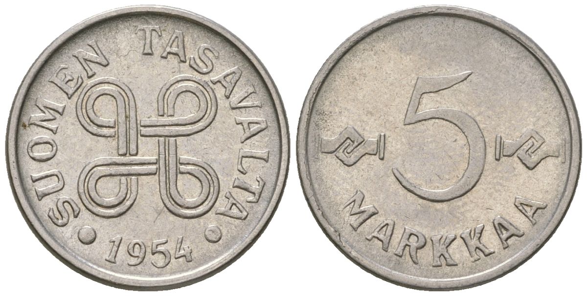 Финляндия 5 марок 1954 KM 37a железо плакированная никелем 4169-129