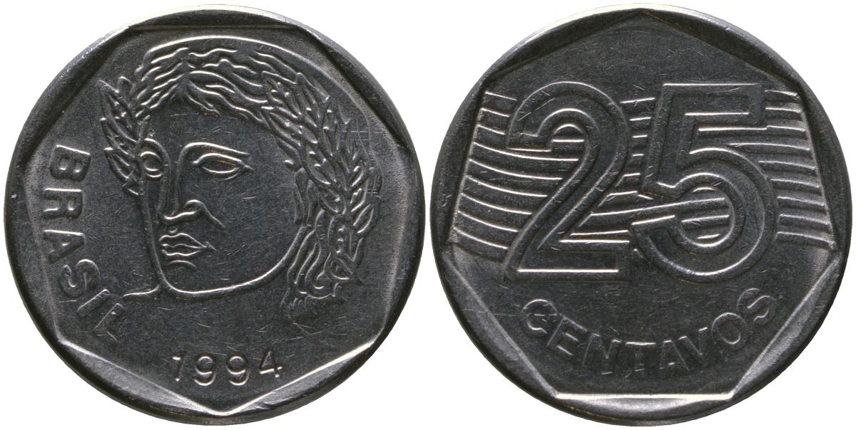 Бразилия 25 сентаво 1994 KM 634, Schon 143 нержавеющая сталь 4519-1151
