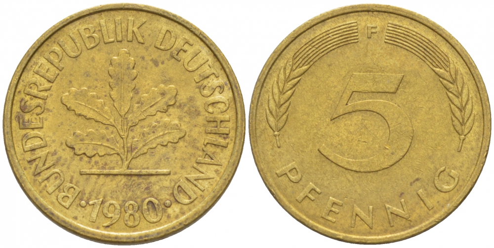 ФРГ 5 ПФЕННИГОВ 1980 F KM 107, J. 382 сталь плакированная латунью 3996-1155