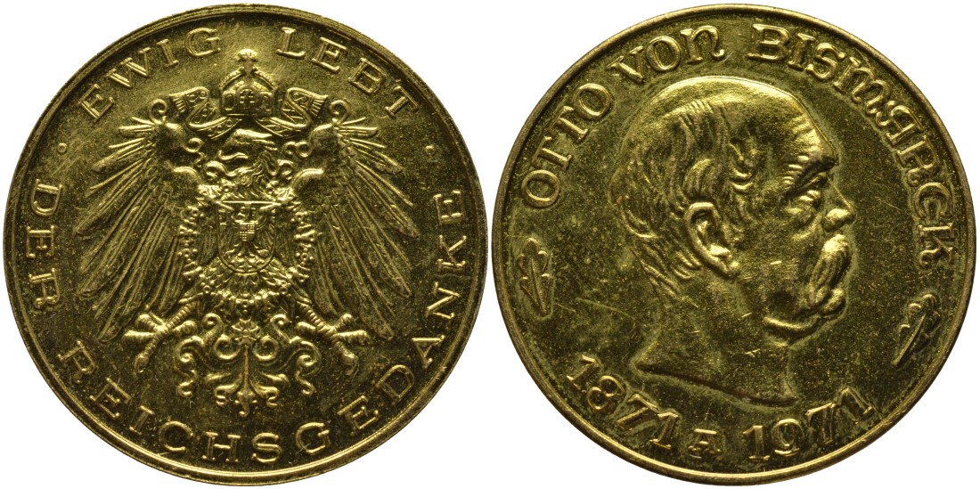 Германия медаль 1971 100 ЛЕТ ОБЪЕДИНЕНИЯ ГЕРМАНСКОЙ ИМПЕРИИ (1871-1971), ОТТО фон БИСМАРК ПЕРВЫЙ РЕЙХСКАНЦЛЕР, диаметр 35 мм. жёлтый металл 4552-123