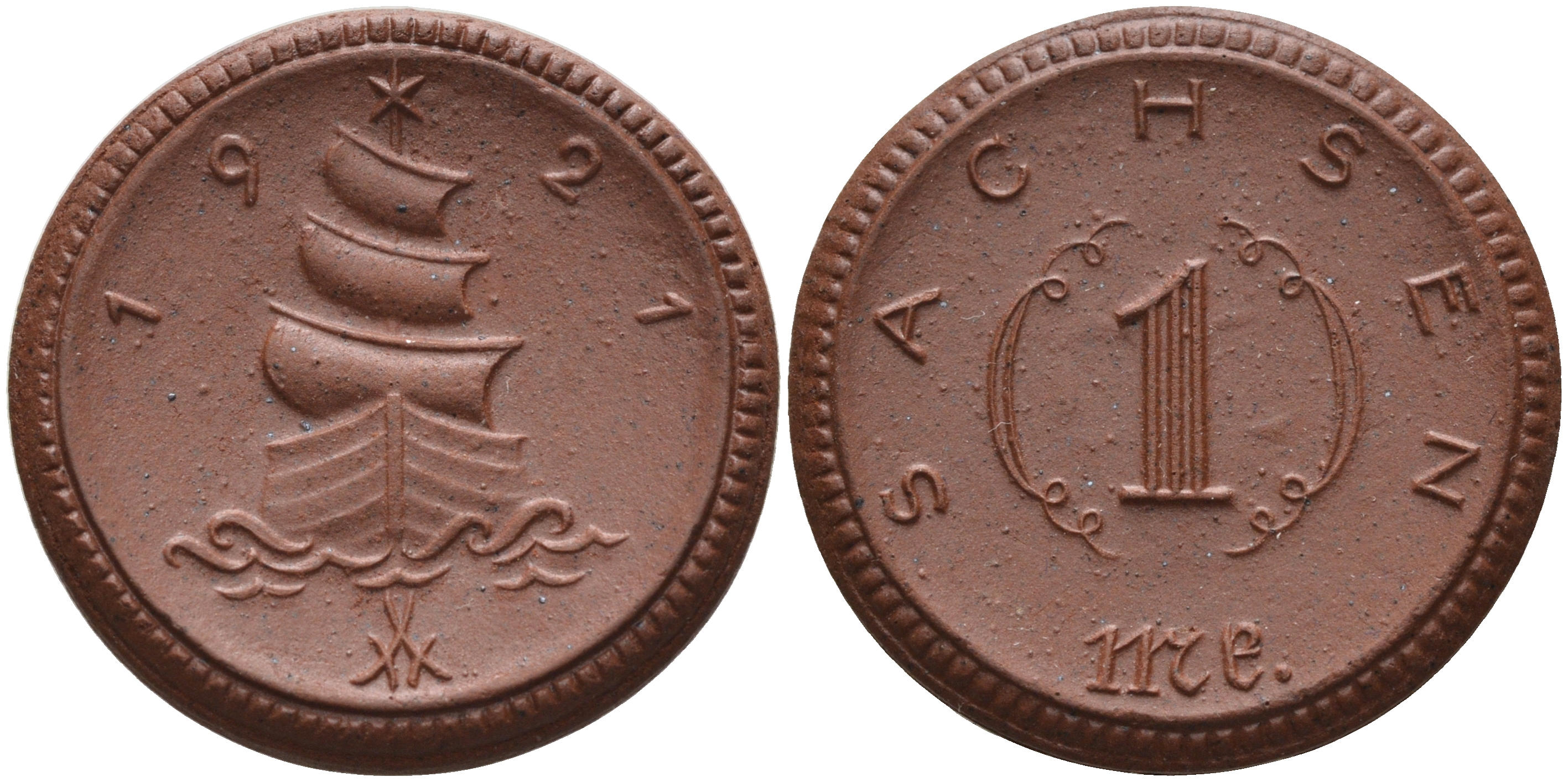 Саксония 1 марка 1921 парусник J. N 55 фарфор 1094-4-43