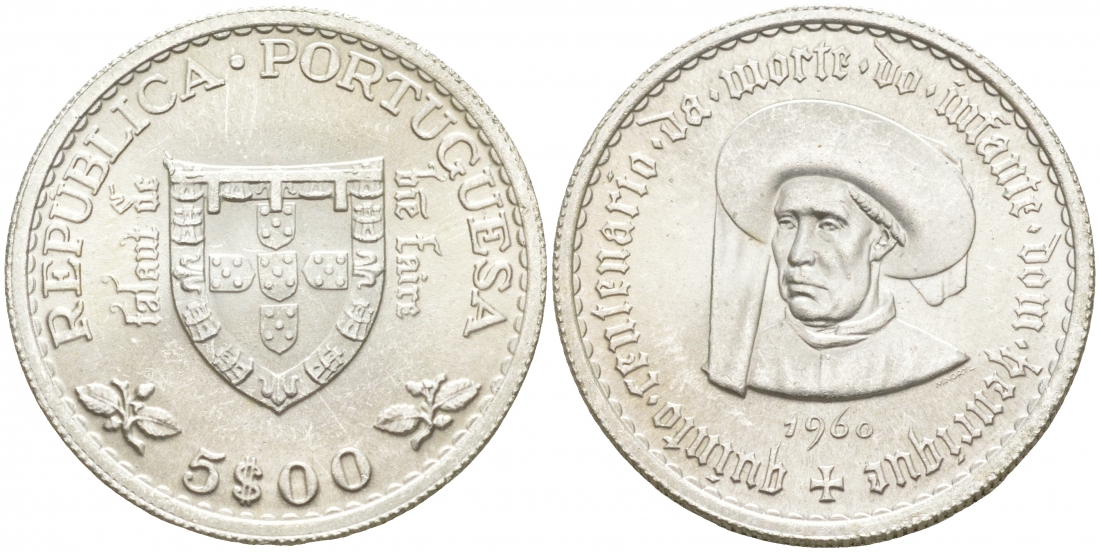 ПОРТУГАЛИЯ 5 ЭСКУДО 1960 500 ЛЕТ СО ДНЯ СМЕРТИ ПРИНЦА ГЕНРИ НОВИГАТОРА KM 587 серебро UNC 3853-1227