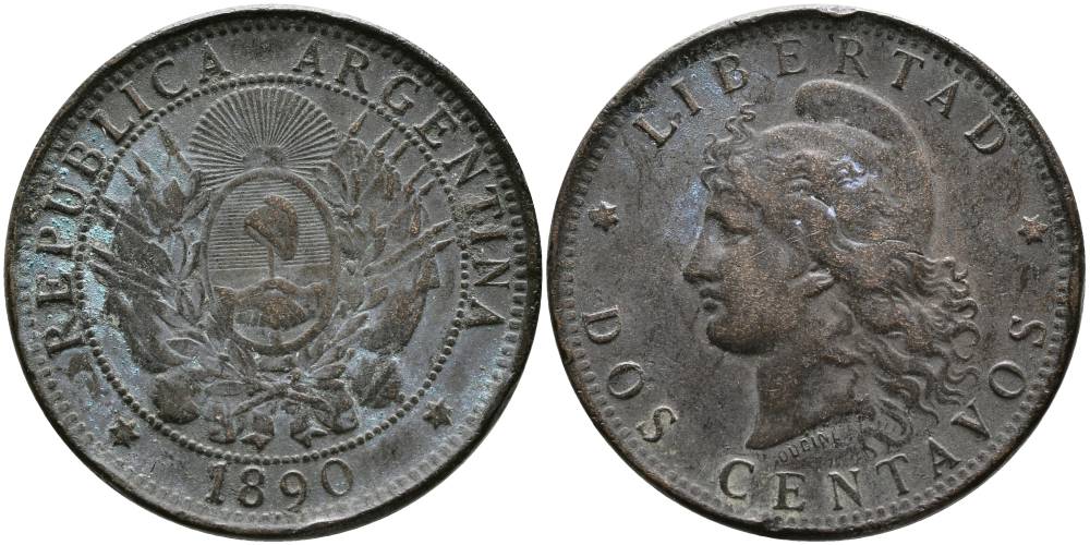 Аргентина 2 сентаво 1890 голова свободы влево KM 8 бронза 4531-934