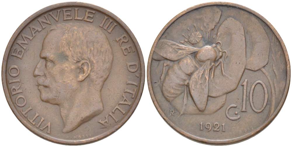 ИТАЛИЯ 10 ЧЕНТЕЗИМО 1921 R, МОНДВОР РИМ, ВИКТОР ЭММАНУИЛ III (1900-1946) KM 60 медь 4525-233