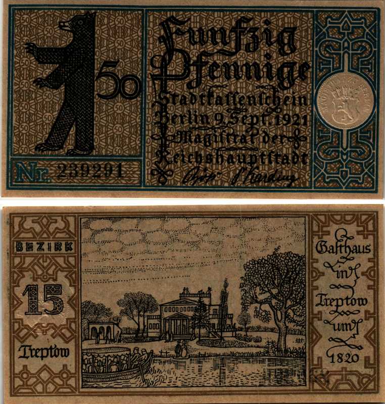 БЕРЛИН, ГЕРМАНИЯ 50 ПФЕННИГОВ 1921 НОТГЕЛЬД, ЗЕМЛЯ ПРУССИЯ, 2 СЕНТЯБРЯ 1921, BEZIRK 15 ARNOLD KELLER 92.1 бумага 7523-36-1-2