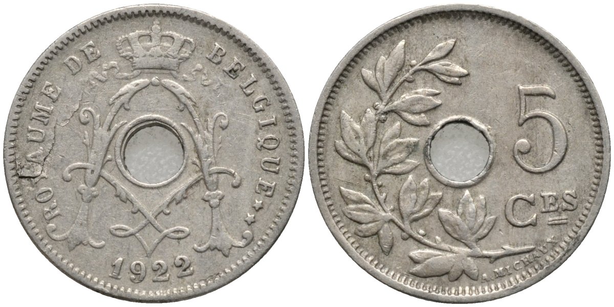 Бельгия 5 сантимов 1922 BELGIQUE KM 66 медно-никель 4516-932