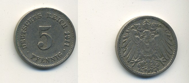 Германия 5 пфеннигов 1911 G KM 11, Jager 12, Weege 6 медно-никель 23-925
