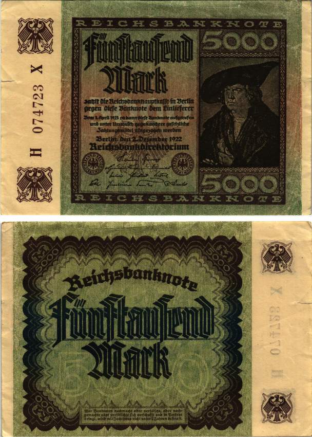 ГЕРМАНИЯ 5000 МАРОК 1922 2 ДЕКАБРЯ 1922, ВОДЯНОЙ ЗНАК I, СЕРИЯ Х, НОМЕР ШЕСТИЗНАЧНЫЙ Pick 81c, Rosenberg 106l бумага 8616-16-2-2