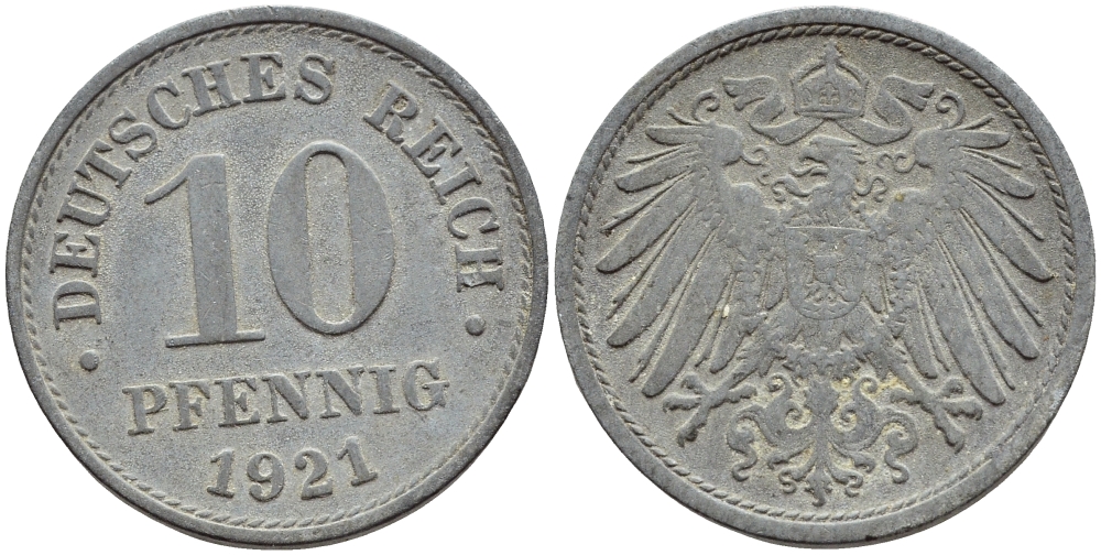 ГЕРМАНИЯ 10 ПФЕННИГОВ 1921 KM 26, J. 299 цинк 4395-1251