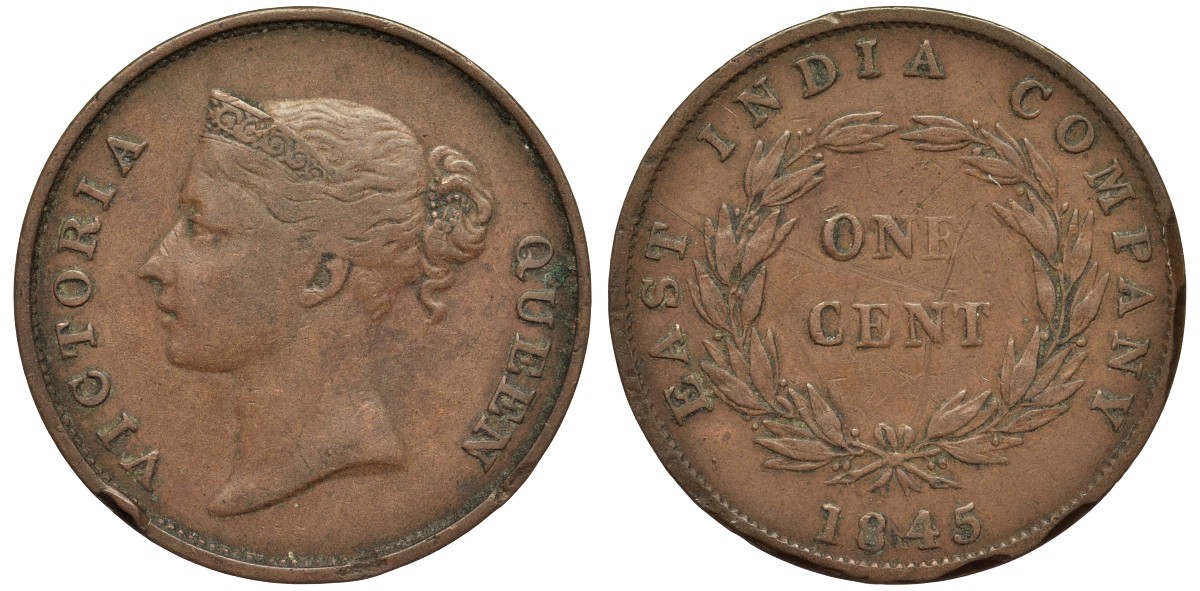 Стрейтс-Сетлментс 1 цент 1845 Виктория (1837-1901) KM 3 медь 4557-112