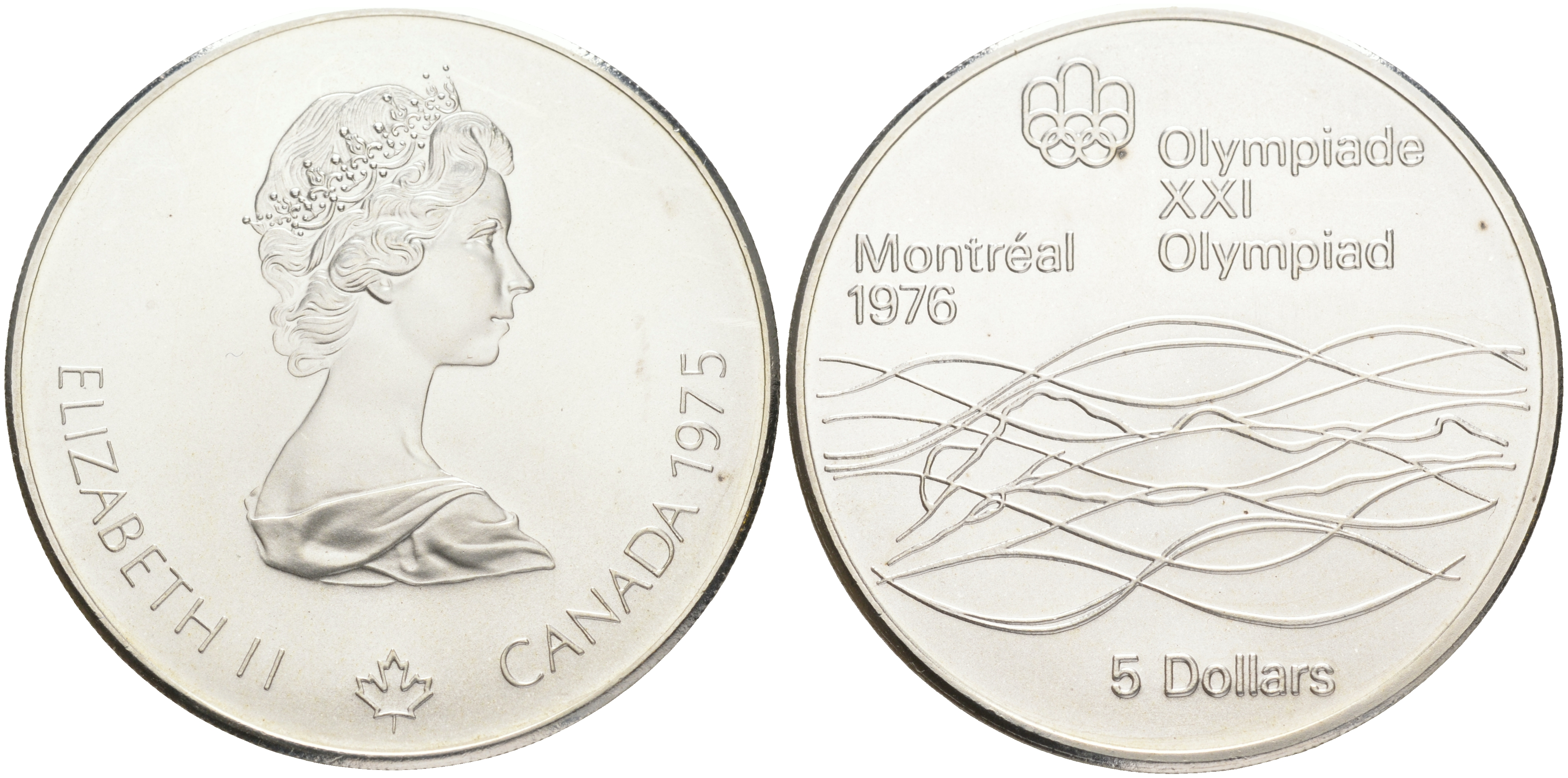 Канада 5 долларов 1975 XXI летние Олимпийские игры в Монреале 1976 года, плавание KM 100 серебро UNC 107-1031