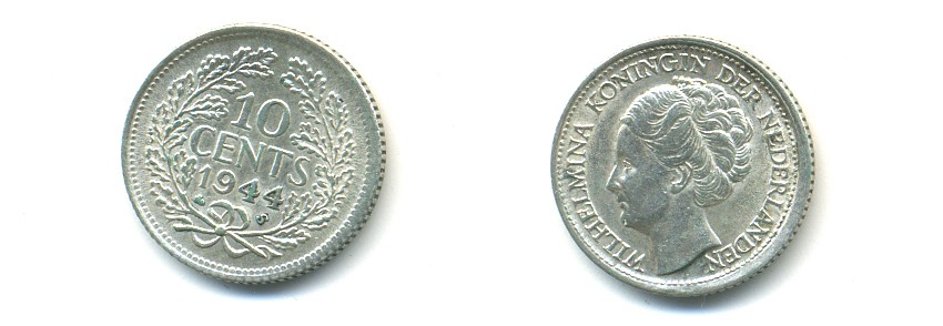 Нидерланды 10 центов 1944 S, Вильгельмина I (1890-1948) KM 163 серебро 84-945
