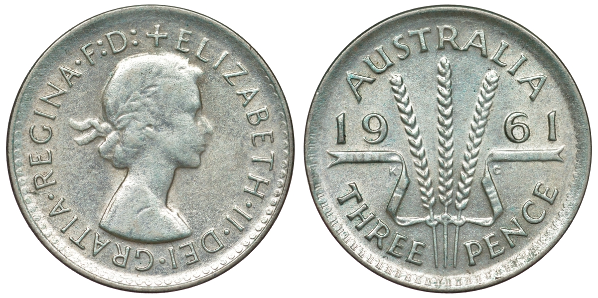 Австралия 3 пенса 1961 m, Елизавета II (1952-2022) KM 57 серебро 71-759