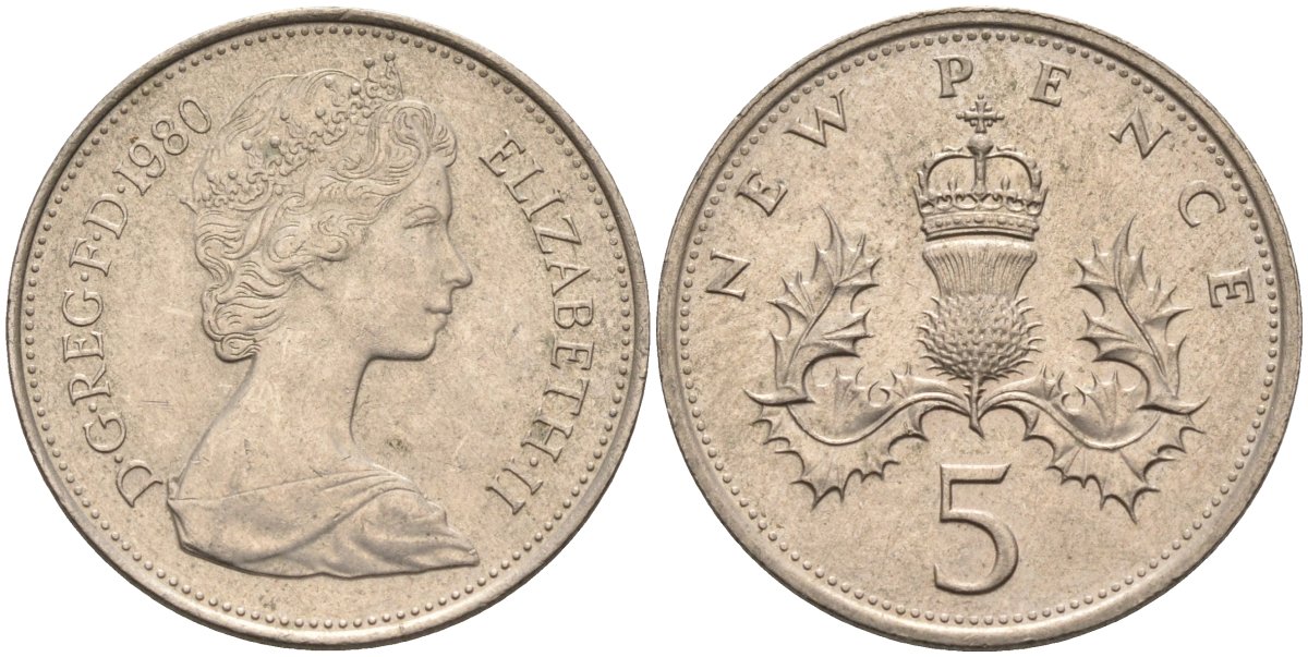 Великобритания 5 пенсов 1980 Елизавета II (1952-2022) KM 911, Spink 4233 (D1) медно-никель 4586-934