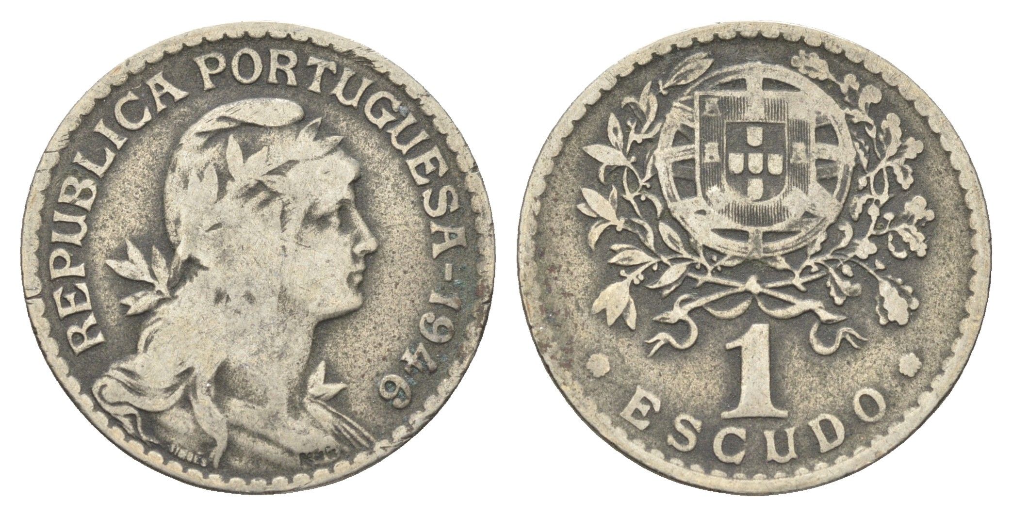 Португалия 1 эскудо 1946 голова Свободы вправо KM 578 никель латунь    4660-346