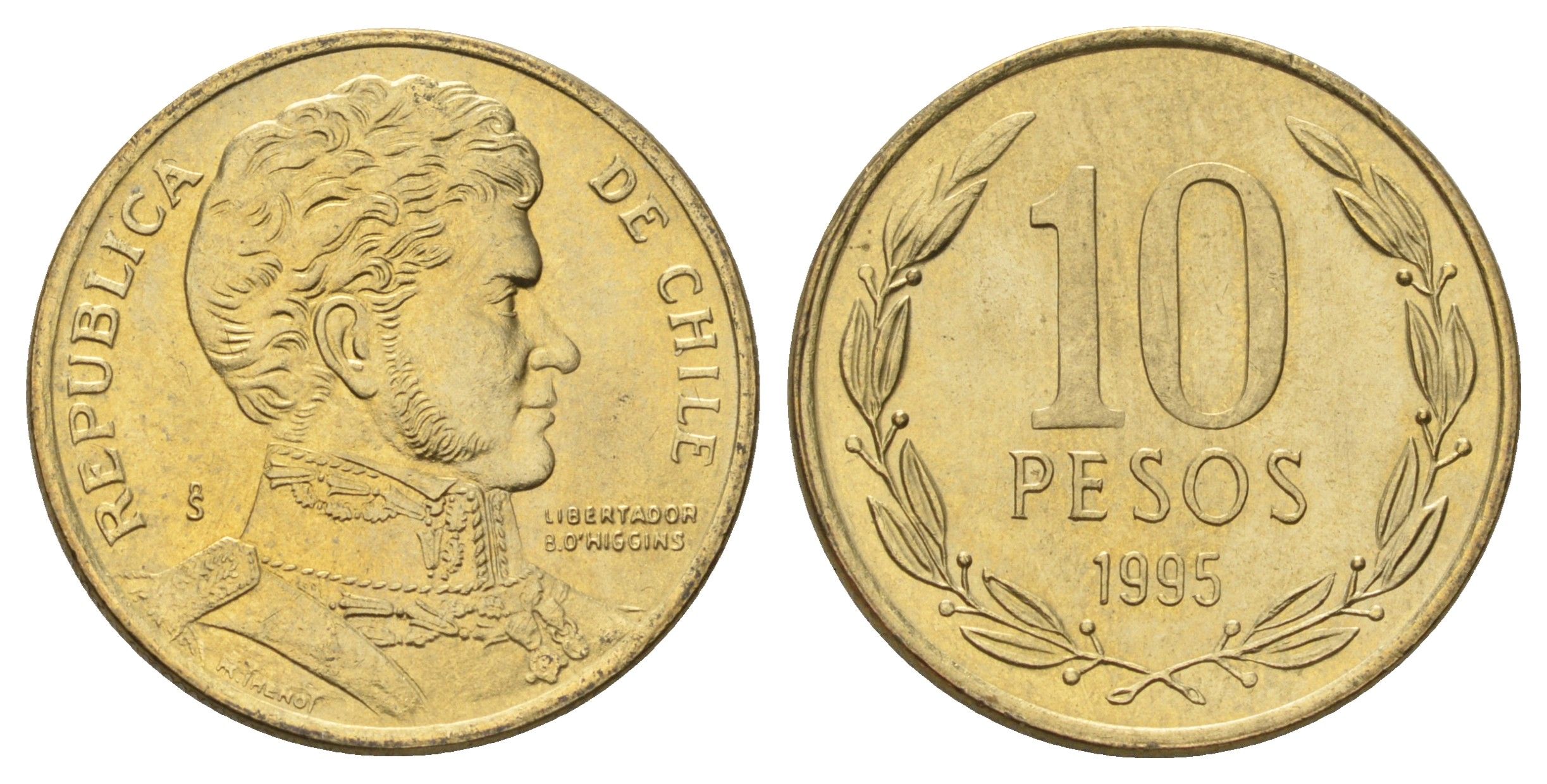 Чили 10 песо 1995 KM 228 никель латунь UNC 4689-252