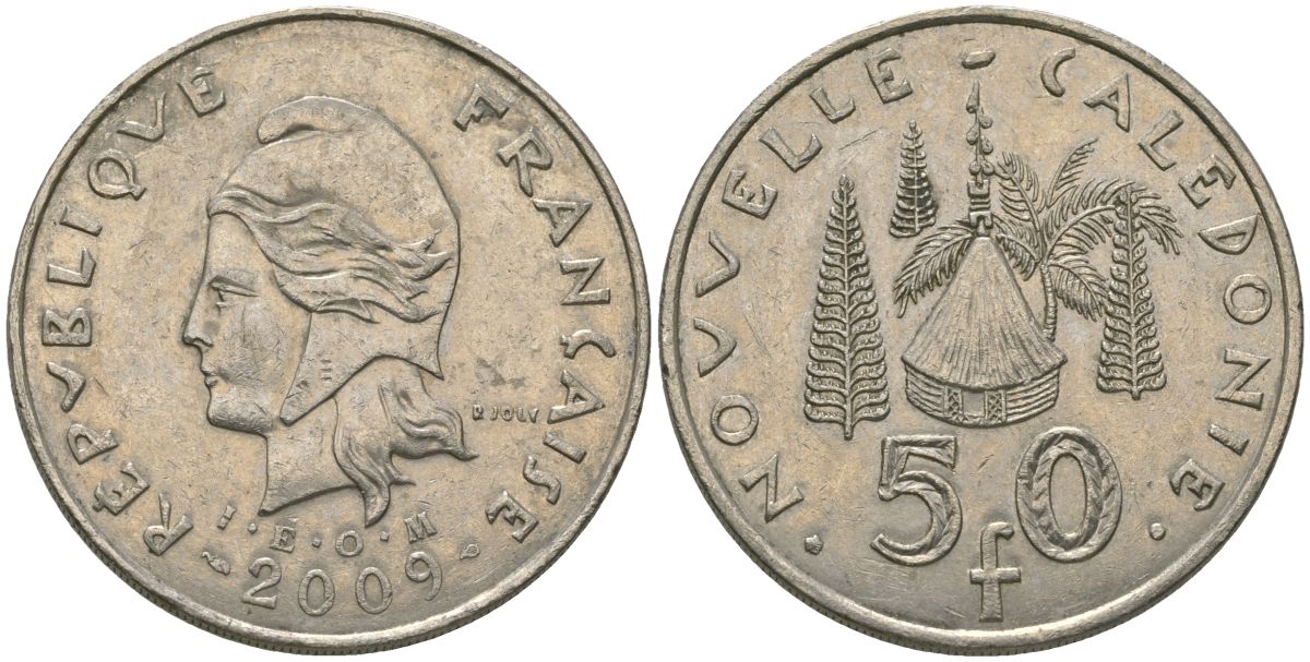 Французская Новая Каледония 50 франков 2009 хижина среди сосен и пальм, (IEOM) KM 13a, Schoen 15a, Lec 128i медно-никель 115-515