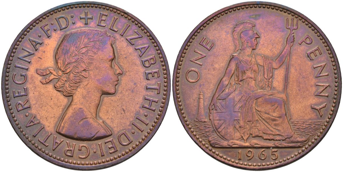 Великобритания 1 пенни 1965 Елизавета II (1952-2022) КМ 897, Spink 4157 бронза 4117-912