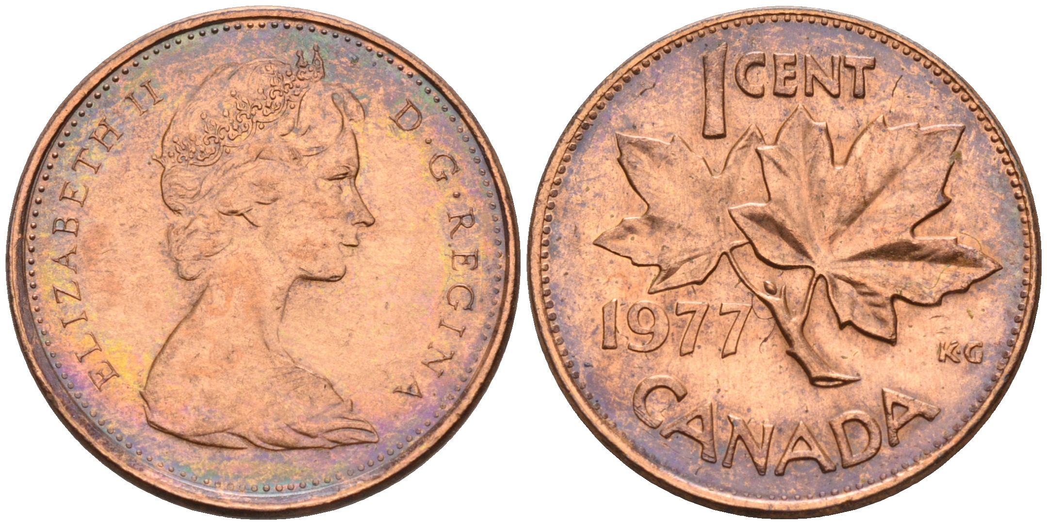 Канада 1 цент 1977 Елизавета II (1952-2022), кленовый лист KM 59.1 бронза    4147-261