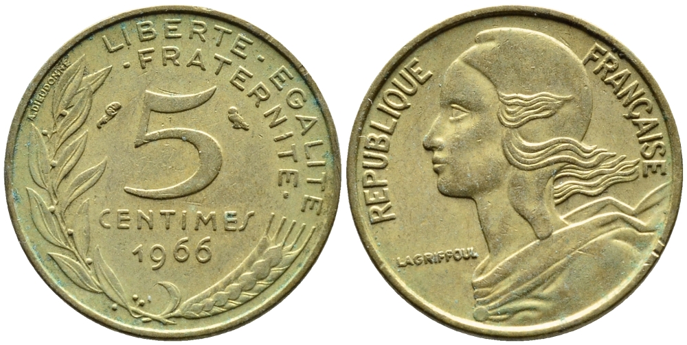 ФРАНЦИЯ 5 САНТИМОВ 1966 ТИП MARIANNE KM 933, LE FRANC 125.2 алюминиевая бронза 4392-457