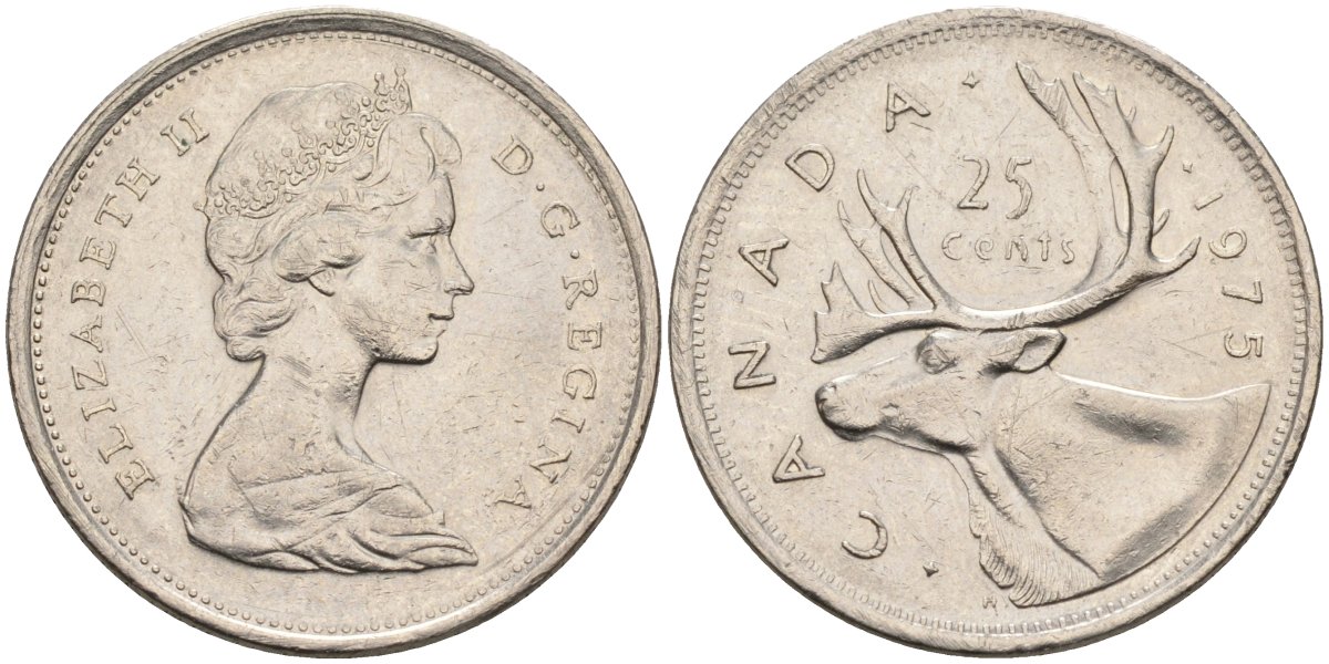 Канада 25 центов 1975 Елизавета II (1952-), олень KM 62b никель 4586-641