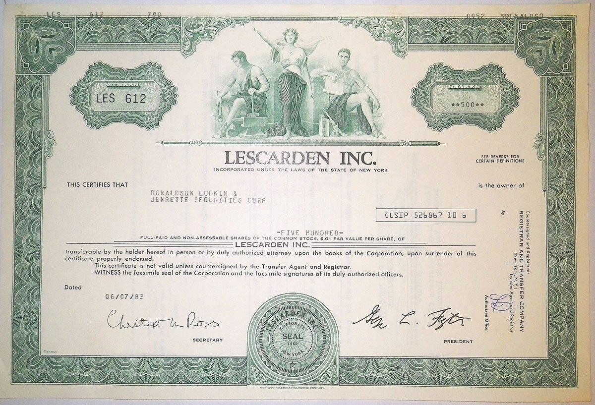 США, Lescarden Inc. 500 акций 1983 бумага 8805-47-1