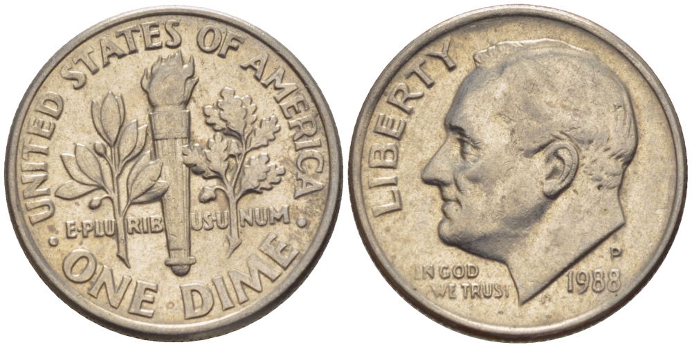 США 10 ЦЕНТОВ = 1 ДАЙМ 1988 P, РУЗВЕЛЬТ KM 195а медь плакированная медно-никелем 66-1122
