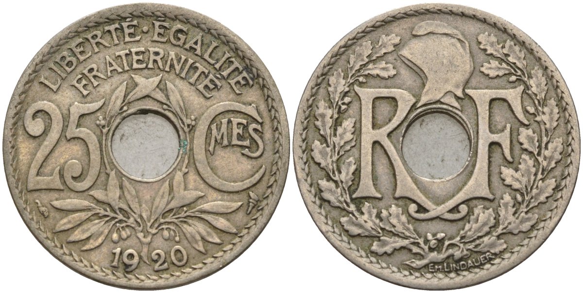 Франция 25 сантимов 1920 KM 867a, Le Franc 171.7 медно-никель 4142-1253