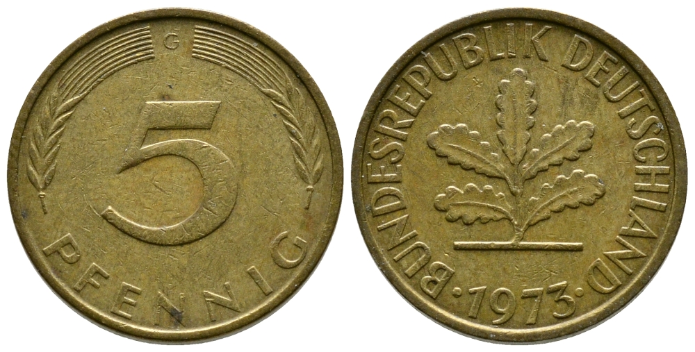 ФРГ 5 ПФЕННИГОВ 1973 G KM 107, J.382 сталь плакированная латунью 179-1038