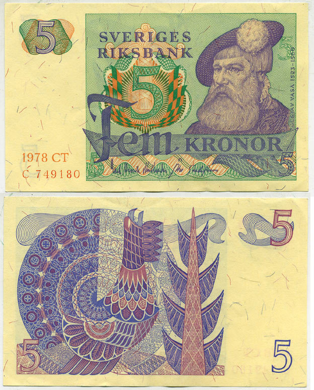 Швеция 5 крон 1978 CT, Густав I Ваза Pick 51d бумага aUNC 444-100-2